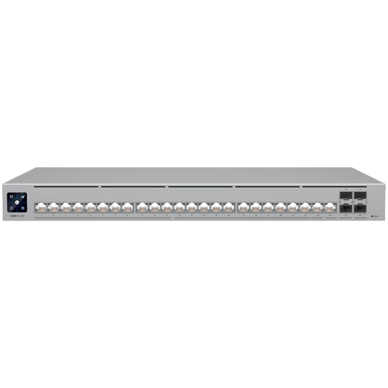 Ubiquiti Layer 3 Etherlighting switch USW-PRO-HD-24-EU, (22) 2.5 GbE, (2) 10 GbE ports, (4) 10G SFP+ ports. DC power backup read