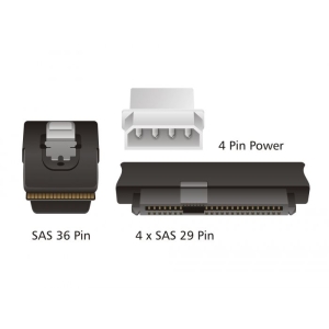 Mini SAS (SFF-8087) to 4 x SAS 29-Pin (SFF-8482) + 4 x Molex 4 pin Power, 1m - 3